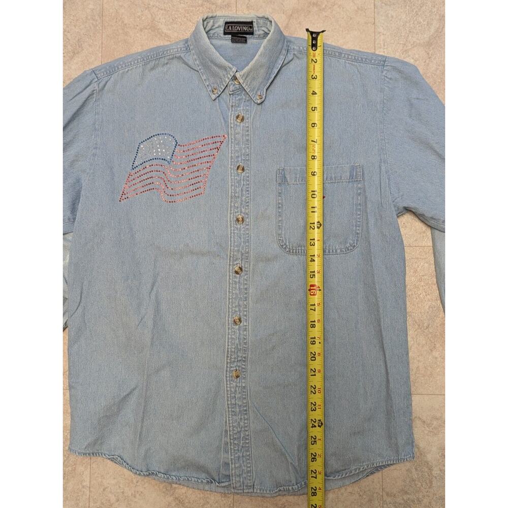 Vintage LA Loving Denim Shirt Womans Sz Medium Long Sleeve Button Down USA Flag - Picture 7 of 11